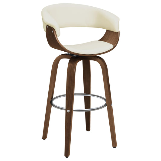 Tabouret de bar pivotant et rembourré Zion, couleur noyer et écru.