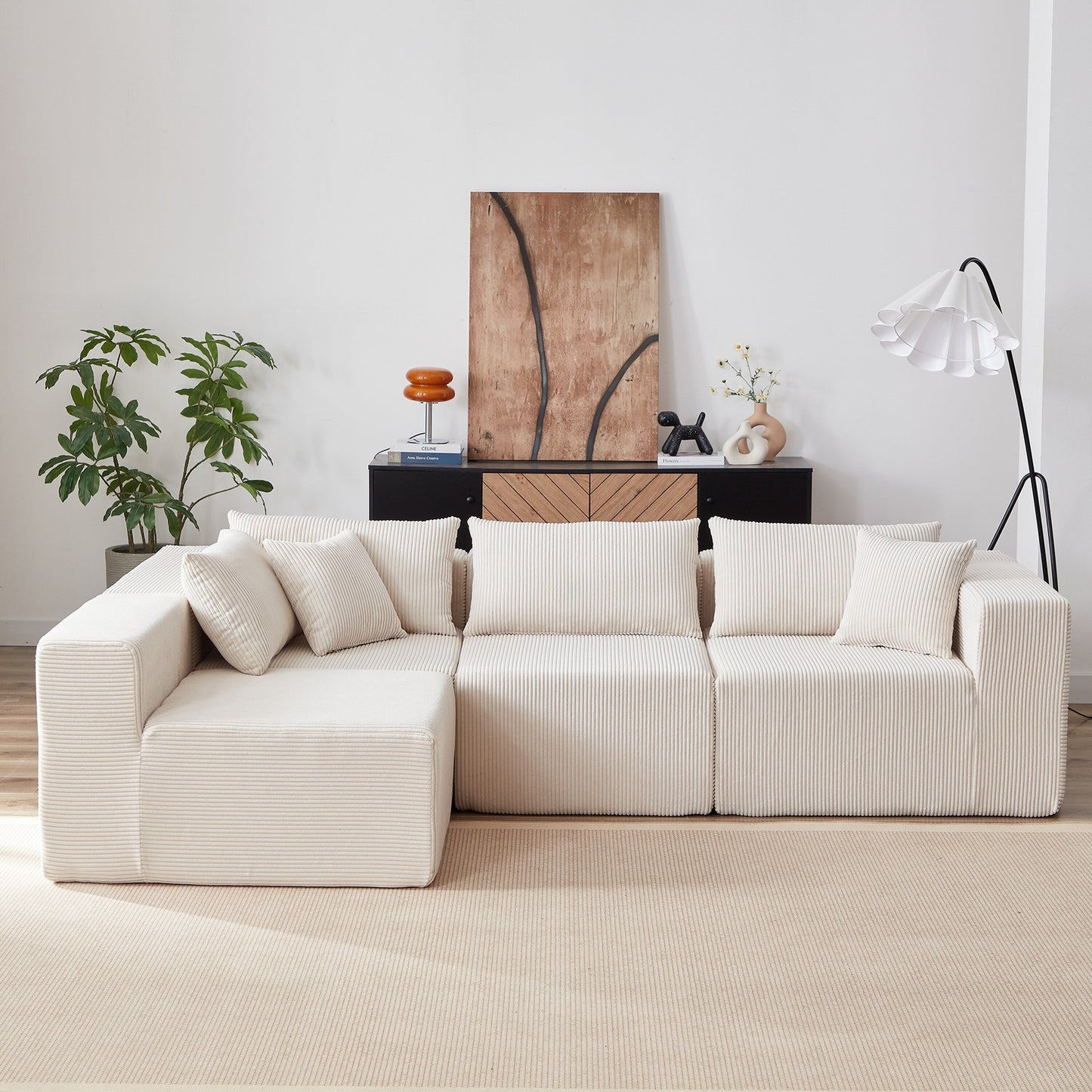 Canapé d'angle modulaire en cordouroy de 264 cm, ensemble de canapé de sol, canapé compressé rempli de mousse, combinaison libre de 4 pièces.