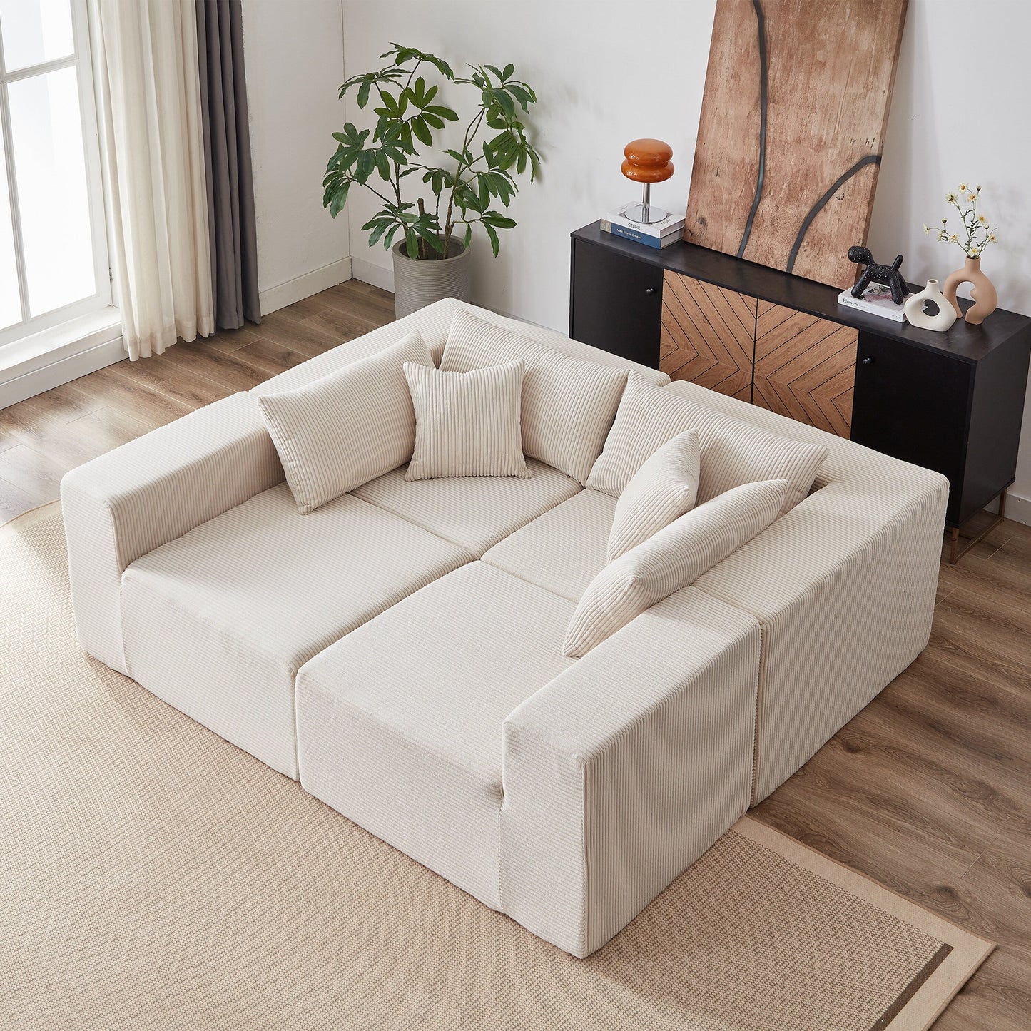 Canapé d'angle modulaire en cordouroy de 264 cm, ensemble de canapé de sol, canapé compressé rempli de mousse, combinaison libre de 4 pièces.