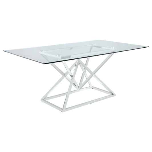 Table à manger rectangulaire Beaufort avec plateau en verre et pieds chromés