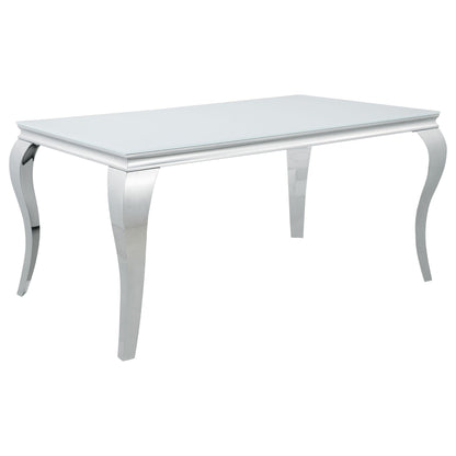 Table de salle à manger rectangulaire Carone avec plateau en verre, blanc et chrome
