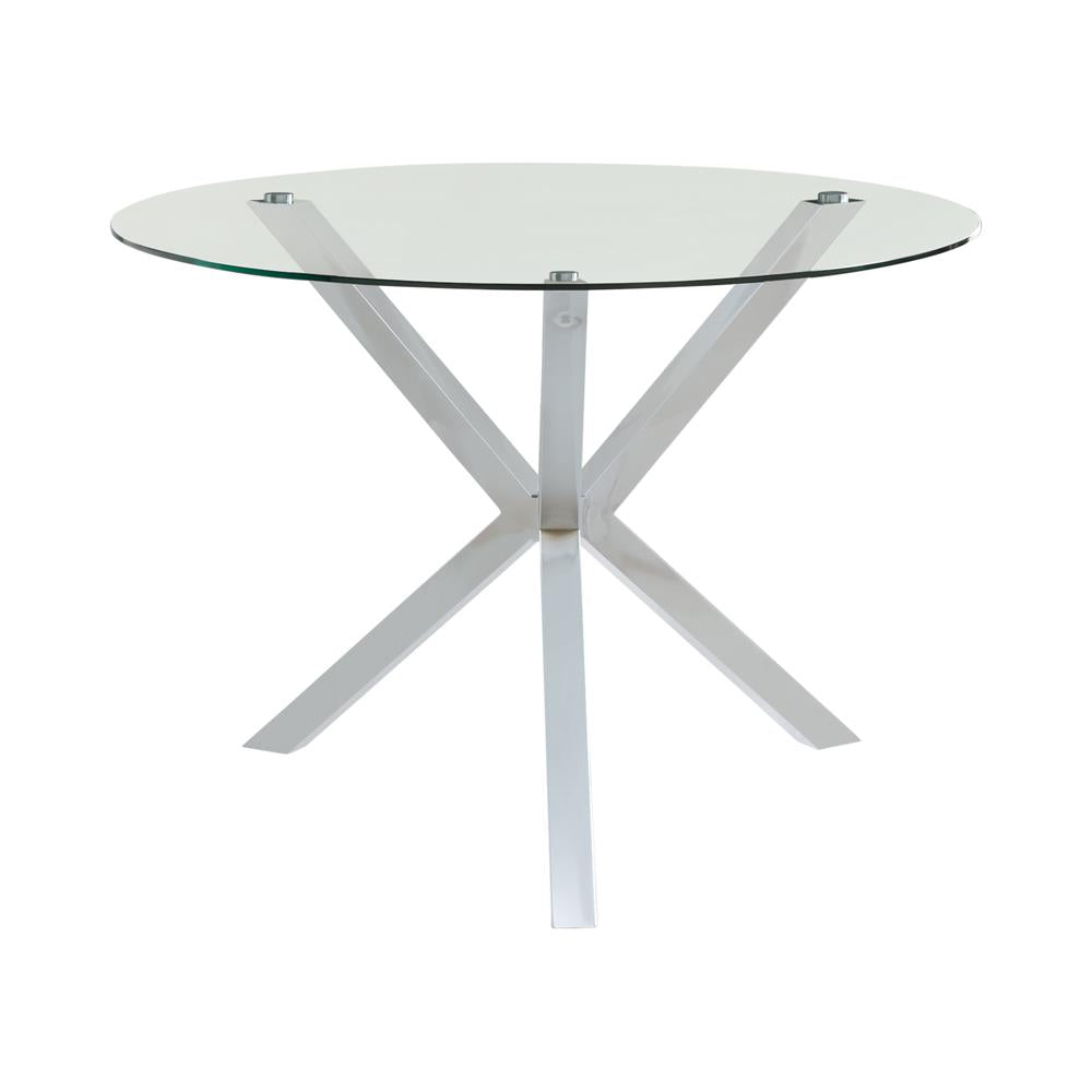 Table à manger Vance avec plateau en verre et base en croix chromée