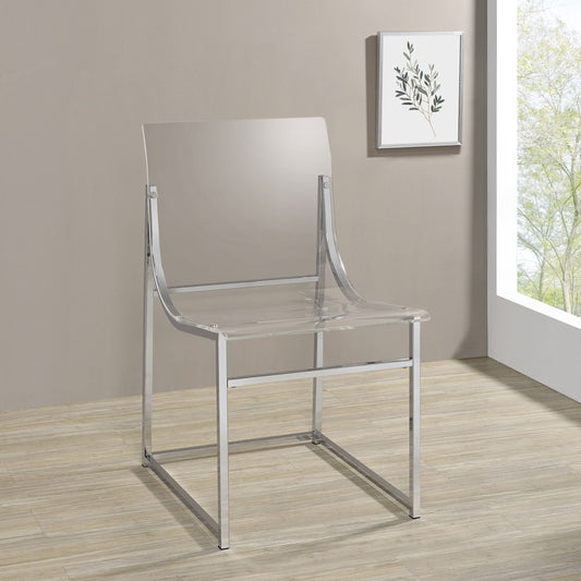Chaise de salle à manger Adino en acrylique, transparente et chromée