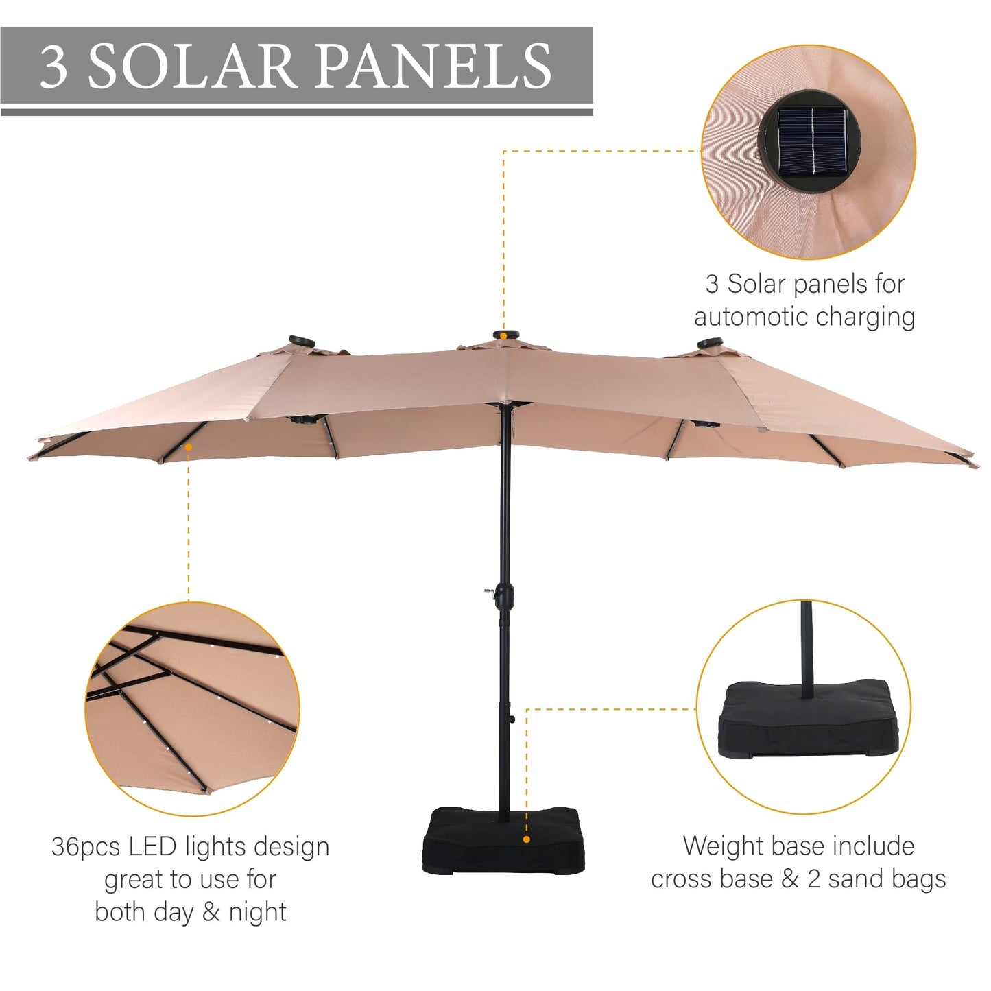 Parasol de terrasse rectangulaire de 4,5 mètres à manivelle, double face, pour extérieur, avec éclairage solaire LED et base incluse.