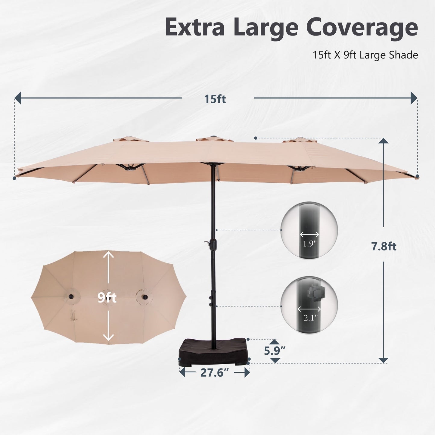 Parasol de terrasse rectangulaire de 4,5 mètres à manivelle, double face, pour extérieur, avec éclairage solaire LED et base incluse.