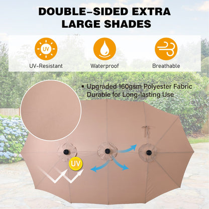 Parasol de terrasse rectangulaire de 4,5 mètres à manivelle, double face, pour extérieur, avec éclairage solaire LED et base incluse.