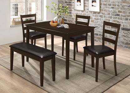 Ensemble salle à manger Guillen 5 pièces avec banc, couleur cappuccino et brun foncé.