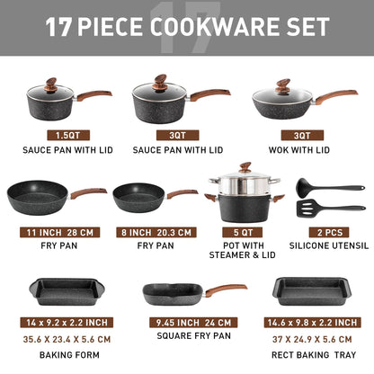 Ensemble de cuisine 17 pièces en granit, ensemble de casseroles et poêles antiadhésives