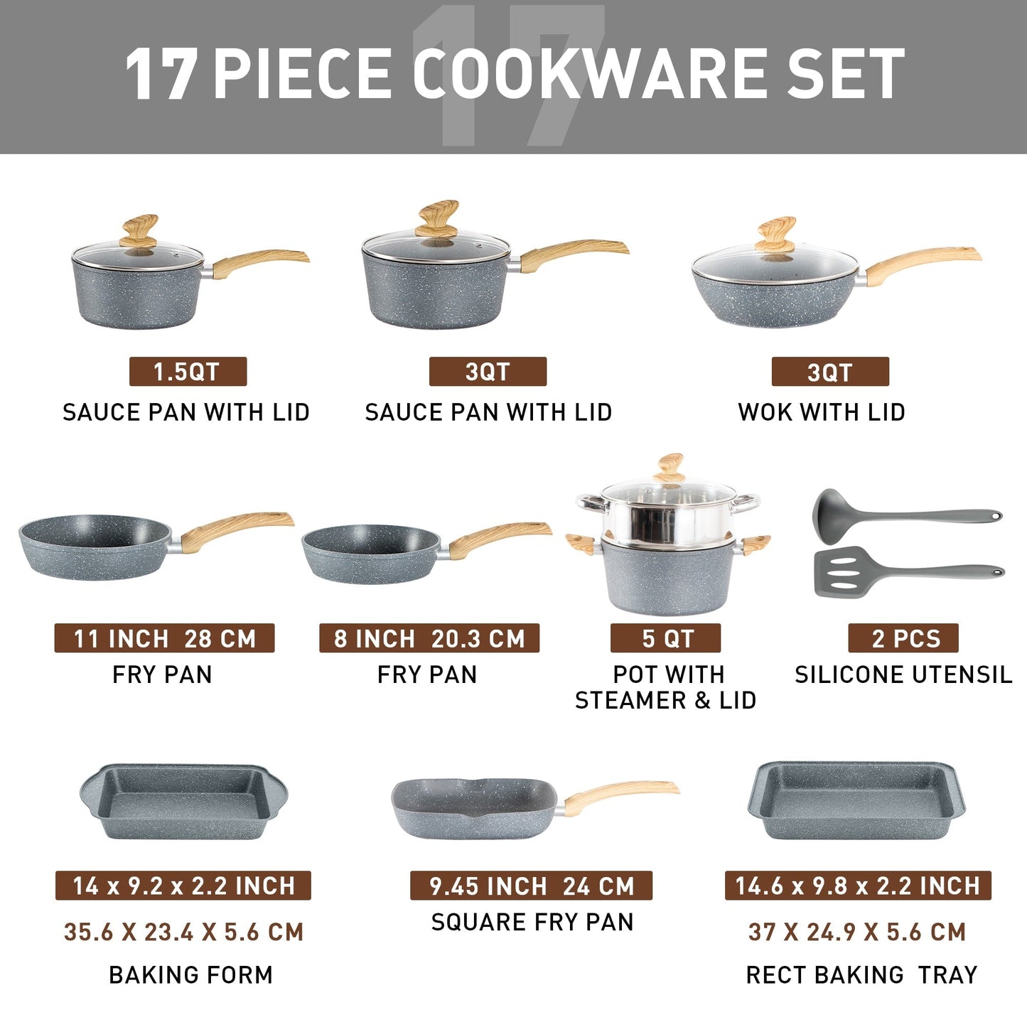 Ensemble de cuisine 17 pièces en granit, ensemble de casseroles et poêles antiadhésives