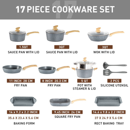 Ensemble de cuisine 17 pièces en granit, ensemble de casseroles et poêles antiadhésives