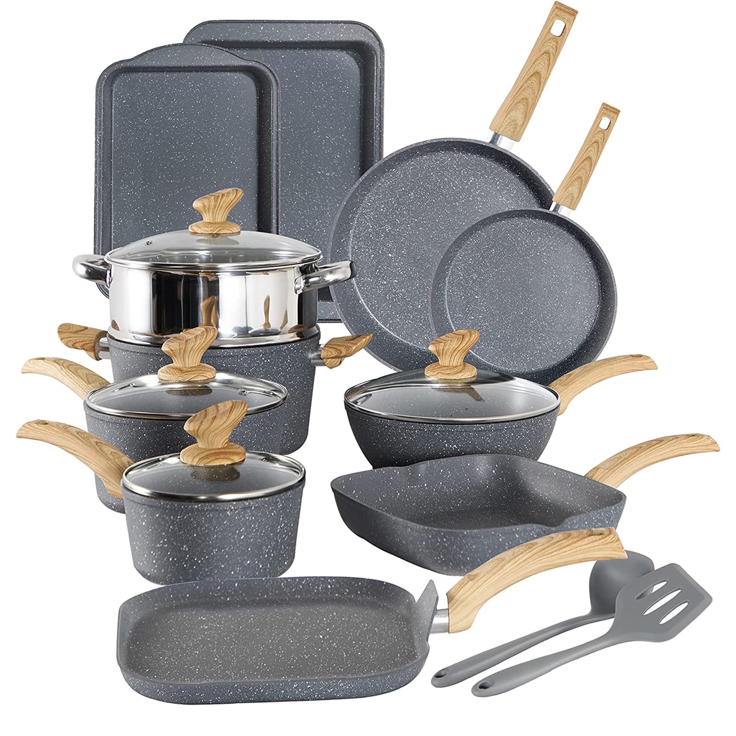 Ensemble de cuisine 17 pièces en granit, ensemble de casseroles et poêles antiadhésives