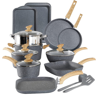 Ensemble de cuisine 17 pièces en granit, ensemble de casseroles et poêles antiadhésives