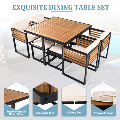Ensemble de salle à manger de patio en bois d'acacia, 18 pièces, 8 chaises avec coussins, 8 poufs et 2 tables carrées.