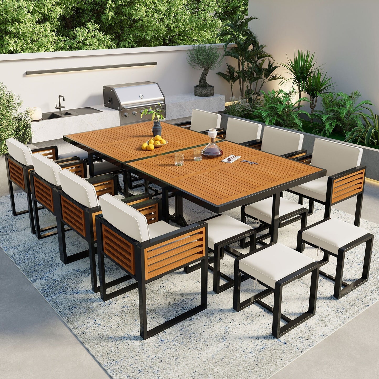 Ensemble de salle à manger de patio en bois d'acacia, 18 pièces, 8 chaises avec coussins, 8 poufs et 2 tables carrées.