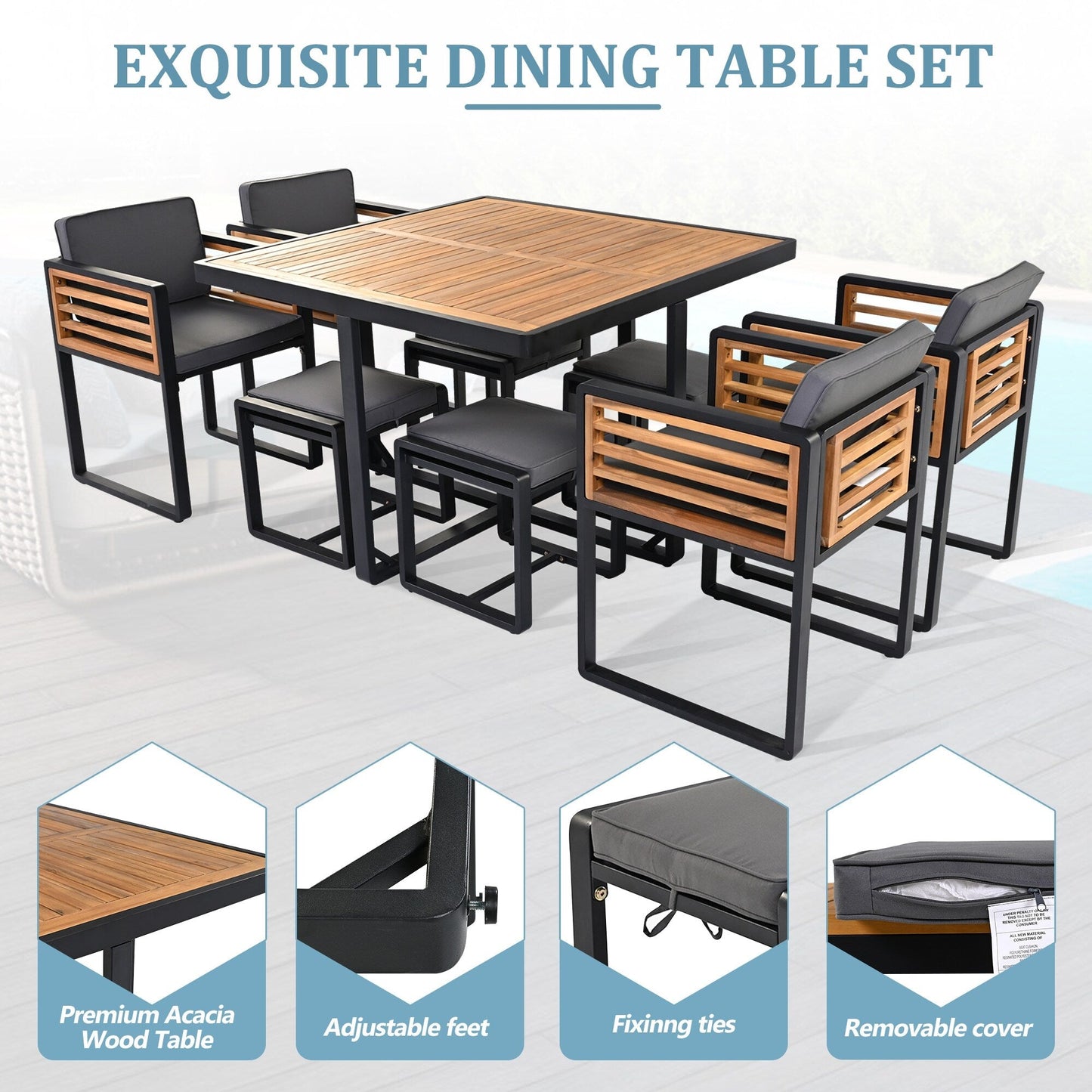 Ensemble de salle à manger de patio en bois d'acacia, 18 pièces, 8 chaises avec coussins, 8 poufs et 2 tables carrées.