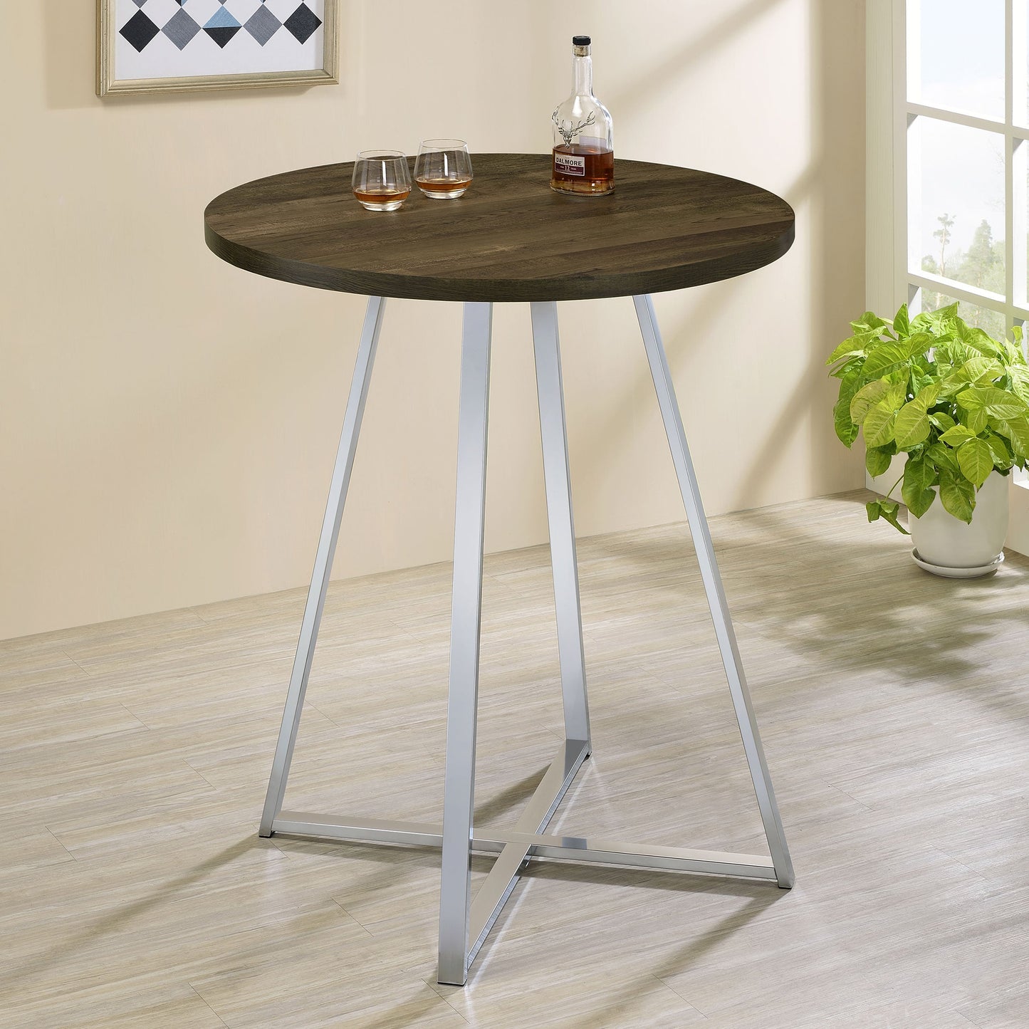 Table de bar ronde avec base en patins, en chêne brun et chrome, de Burkhart