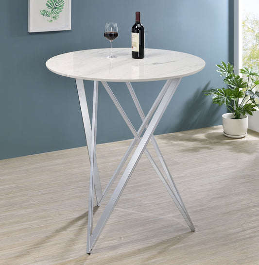 Table de bar ronde avec plateau en faux marbre, blanche et chromée, modèle Bexter