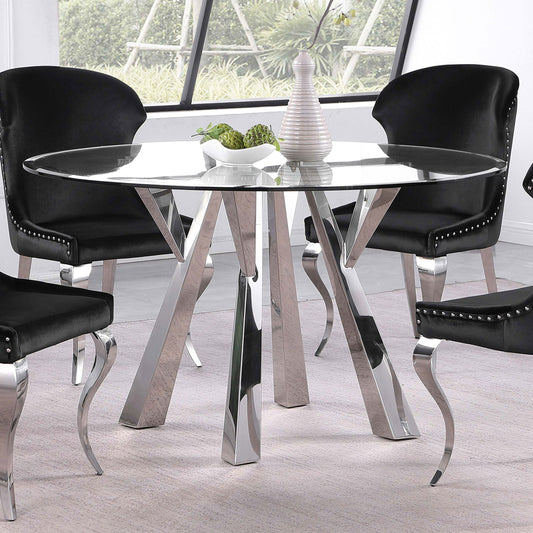 Table à manger ronde en verre transparent et pieds chromés, modèle Alaia