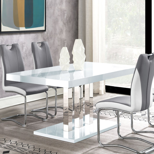 Table de salle à manger rectangulaire Brooklyn, blanc brillant et chrome.