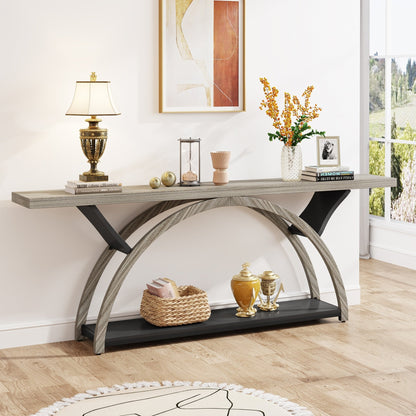 Table de console de canapé étroite et longue à 2 niveaux avec cadre semi-circulaire pour entrée, tables d'appoint de couloir grises