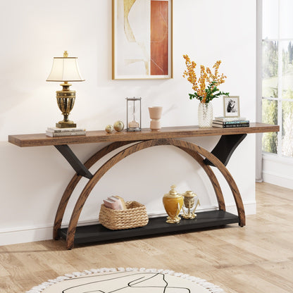 Table de console de canapé étroite et longue à 2 niveaux avec cadre semi-circulaire pour entrée, tables d'appoint de couloir grises