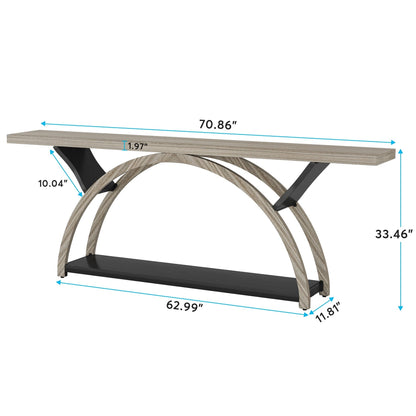 Table de console de canapé étroite et longue à 2 niveaux avec cadre semi-circulaire pour entrée, tables d'appoint de couloir grises