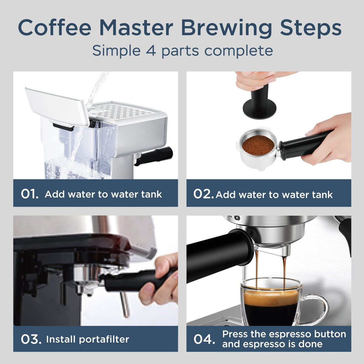 Machine à expresso semi-automatique en acier inoxydable argenté, 20 tasses, avec réservoir d'eau de 0,5 gallon.
