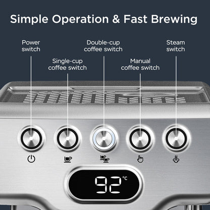 Machine à expresso semi-automatique en acier inoxydable argenté, 20 tasses, avec réservoir d'eau de 0,5 gallon.