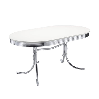 Table de salle à manger ovale rétro, blanc brillant et chrome.