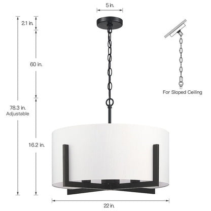 Suspension lumineuse en forme de lustre à 4 lumières, 56 cm (22 po), noir mat, avec abat-jour blanc en forme de tambour - 22 W