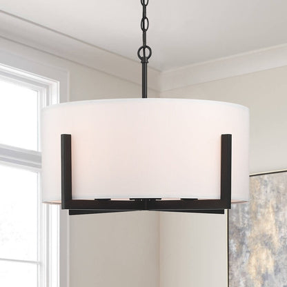 Suspension lumineuse en forme de lustre à 4 lumières, 56 cm (22 po), noir mat, avec abat-jour blanc en forme de tambour - 22 W