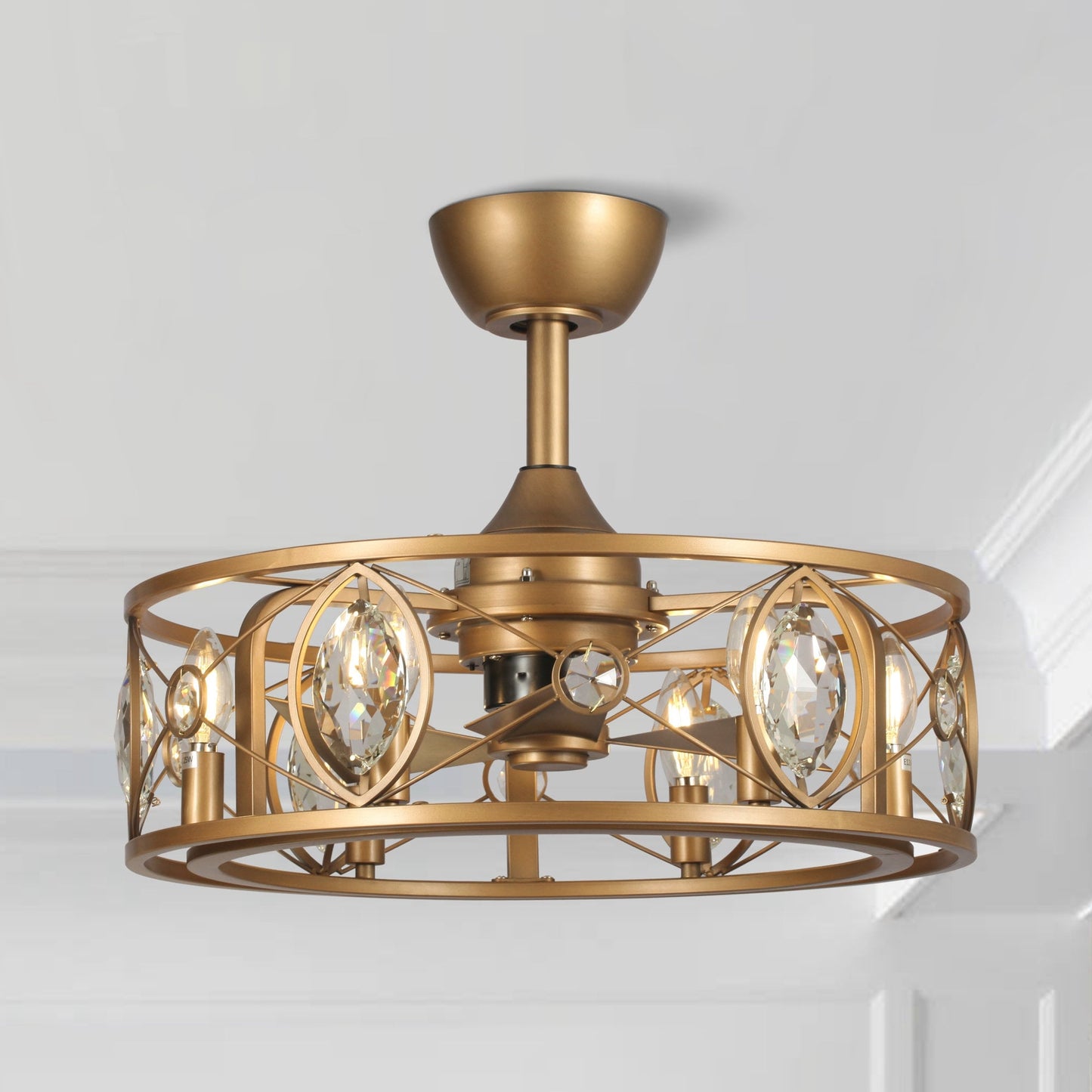 Ventilateur de plafond avec abat-jour en cristal moderne, cage et télécommande (22 pouces)