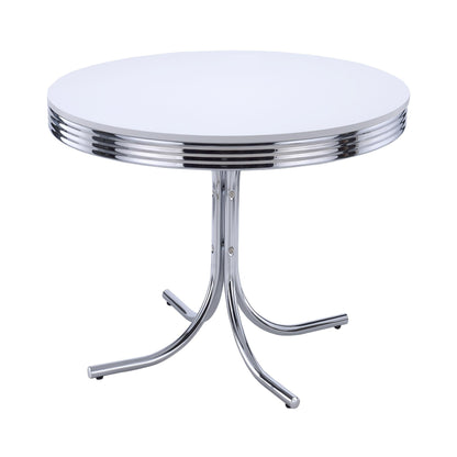 Table de salle à manger ronde rétro, blanc brillant et chrome.