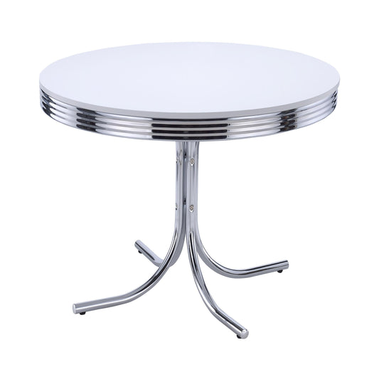 Table de salle à manger ronde rétro, blanc brillant et chrome.