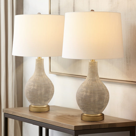 Lampe de table de style farmhouse de 62 cm (24,5 pouces) en beige lavé/doré avec abat-jour en lin blanc (lot de 2) - 62 cm (24,5 pouces) de hauteur