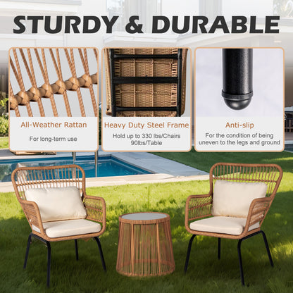 Ensemble de bistro en osier tressé pour extérieur, 3 pièces, ensemble de chaises de patio en rotin résistant aux intempéries avec coussins.