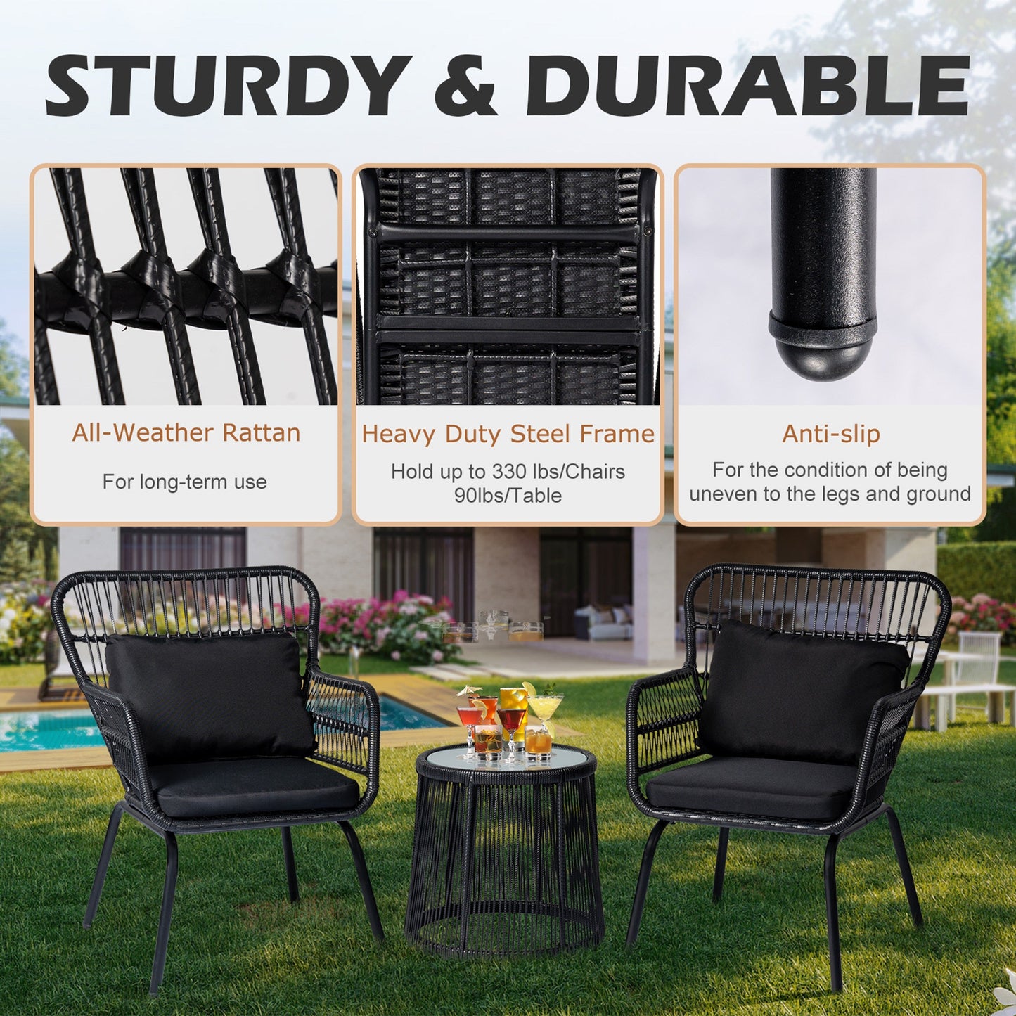 Ensemble de bistro en osier tressé pour extérieur, 3 pièces, ensemble de chaises de patio en rotin résistant aux intempéries avec coussins.