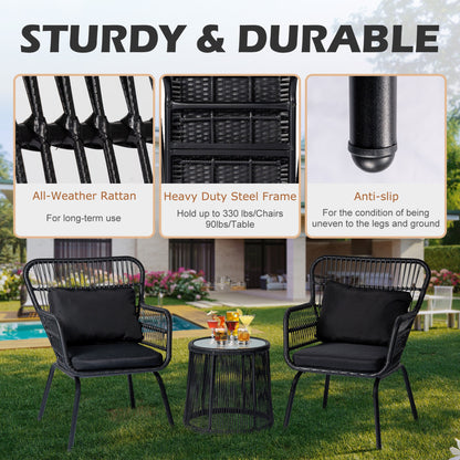 Ensemble de bistro en osier tressé pour extérieur, 3 pièces, ensemble de chaises de patio en rotin résistant aux intempéries avec coussins.