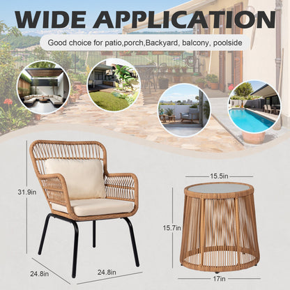 Ensemble de bistro en osier tressé pour extérieur, 3 pièces, ensemble de chaises de patio en rotin résistant aux intempéries avec coussins.
