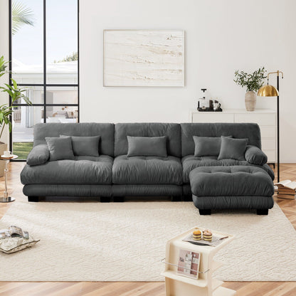 Canapé d'angle modulaire 3 places, canapé profond en forme de L, canapé nuage avec pouf convertible pour salon.