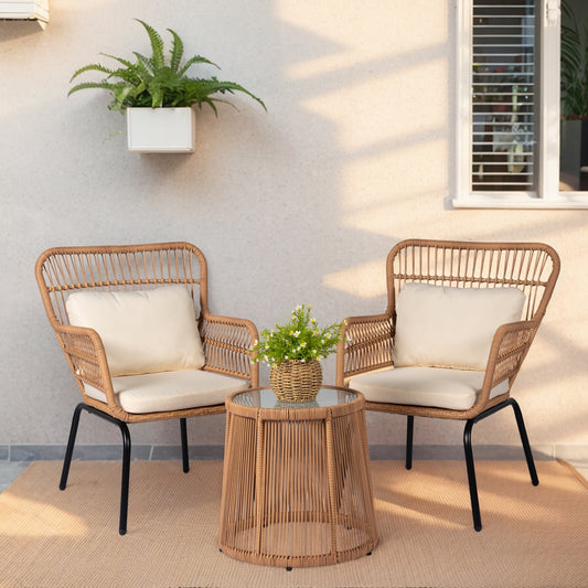 Ensemble de bistro en osier tressé pour extérieur, 3 pièces, ensemble de chaises de patio en rotin résistant aux intempéries avec coussins.