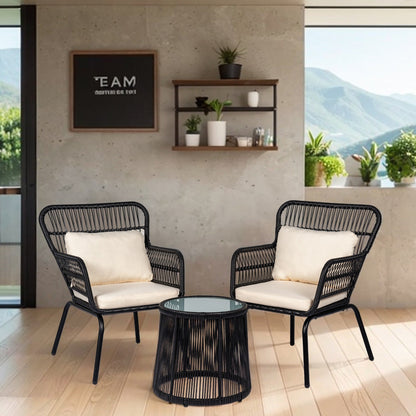 Ensemble de bistro en osier tressé pour extérieur, 3 pièces, ensemble de chaises de patio en rotin résistant aux intempéries avec coussins.