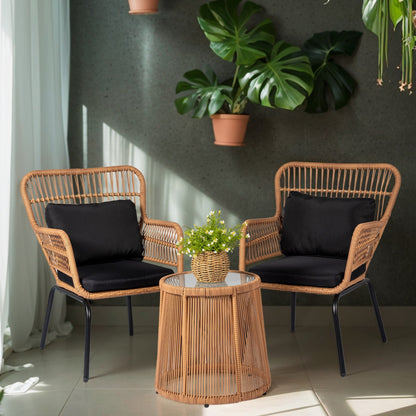 Ensemble de bistro en osier tressé pour extérieur, 3 pièces, ensemble de chaises de patio en rotin résistant aux intempéries avec coussins.