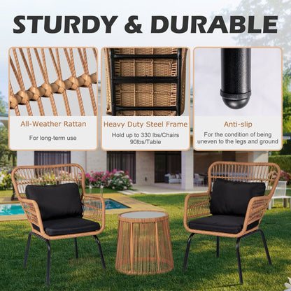 Ensemble de bistro en osier tressé pour extérieur, 3 pièces, ensemble de chaises de patio en rotin résistant aux intempéries avec coussins.