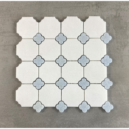 Carreaux de mosaïque en marbre blanc de Thassos avec motif floral bleu céleste - Boîte (10 feuilles)