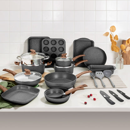 Ensemble de 30 pièces pour cuisine, ustensiles de cuisine et de pâtisserie en granit, ensemble de casseroles et poêles antiadhésives.