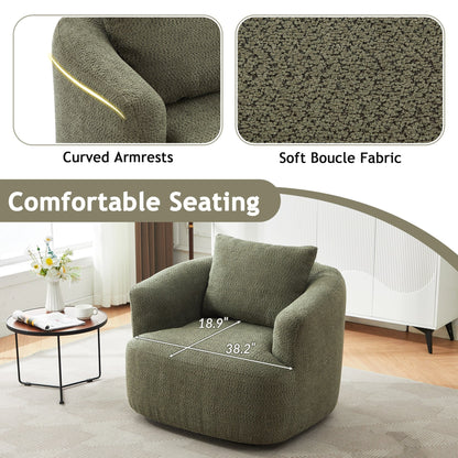 Chaise pivotante à 360°, chaise d'appoint en boucle de 38,2 pouces avec coussin décoratif, chaise de canapé en forme de tonneau avec accoudoirs incurvés.