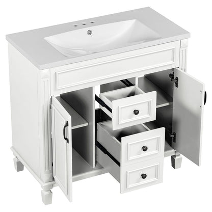Meuble-lavabo moderne de 91 cm (36 pouces) pour salle de bain avec lavabo intégré et armoire à miroir, 2 portes et 2 tiroirs.