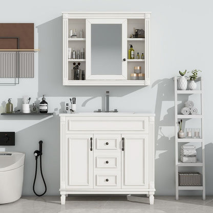 Meuble-lavabo moderne de 91 cm (36 pouces) pour salle de bain avec lavabo intégré et armoire à miroir, 2 portes et 2 tiroirs.