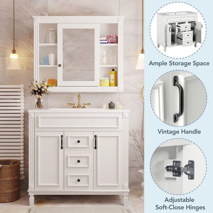 Meuble-lavabo moderne de 91 cm (36 pouces) pour salle de bain avec lavabo intégré et armoire à miroir, 2 portes et 2 tiroirs.